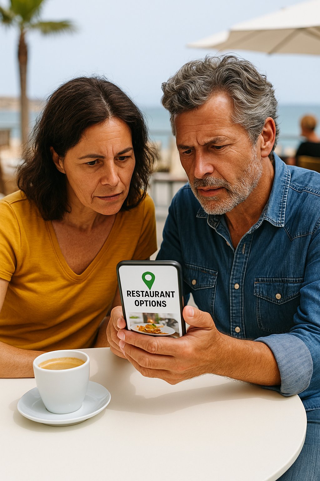 Couple using mobile phone to find a restaurant in Spain